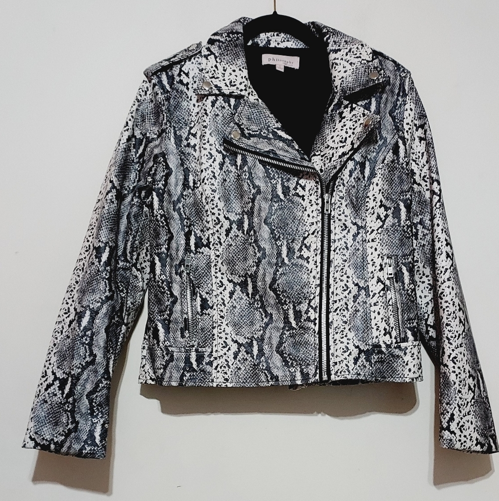 Philosophy Women's Snake Print Faux Leather Moto Jacket Sz-L